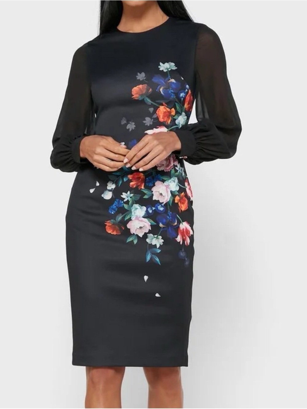 Ted Baker Opena Black Floral Long Sleeve Sheath Knee-Length Dress Size 2 Small
